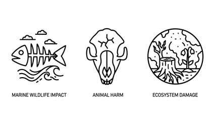 Environmental Damage Icons: Marine Wildlife Impact, Animal Harm, and Ecosystem Crisis Symbols for Climate Awareness