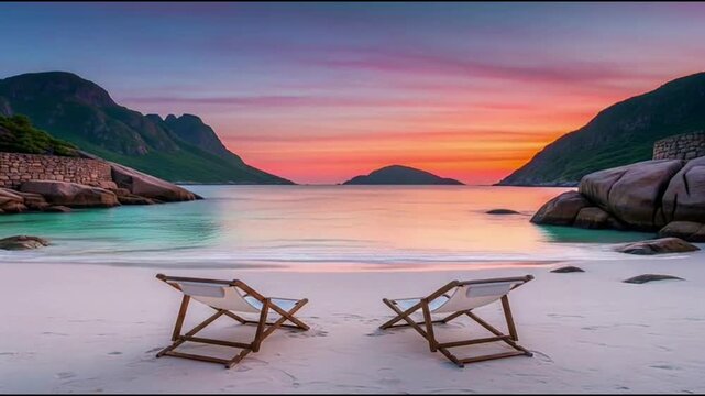 Serene tropical beach sunset with two lounge chairs on white sand and mountain views.