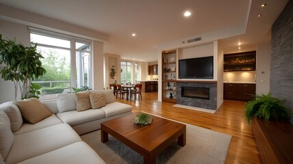 Fototapeta premium Spacious modern living room with sectional sofa fireplace dining area and natural light