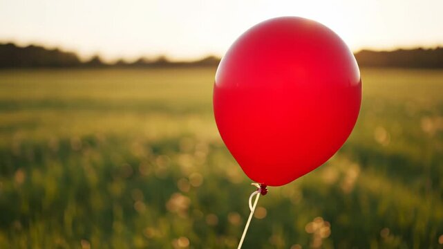 Red balloon held by a string sways gently in the warm sunlight over a lush green field, capturing the essence of a serene outdoor setting at sunset