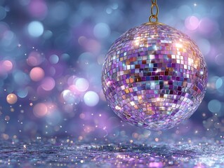 Obraz premium Bola de discoteca brillante colgando con luces bokeh púrpuras y azules, fondo festivo de celebración.