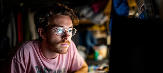 Obraz premium Man working at computer in room.