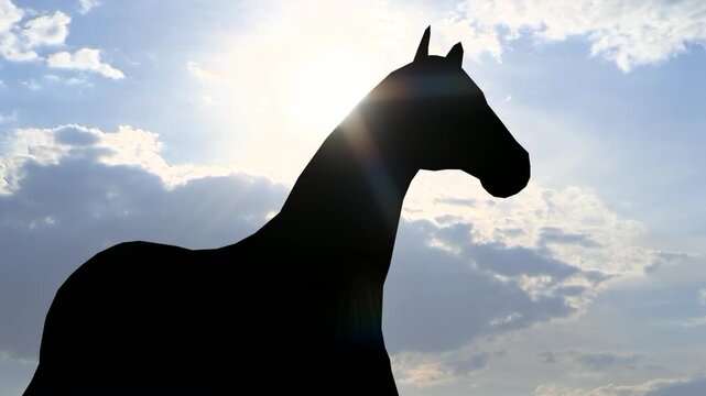 Majestic Silhouette of a Horse Standing Proudly Against Bright Blue Sky with Clouds and Sunlight