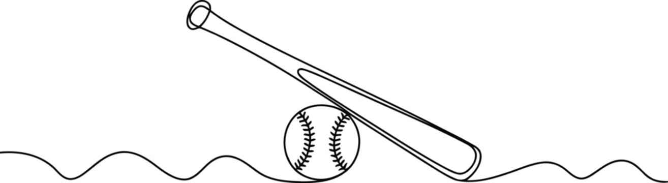 This clean continuous line drawing showcases a baseball bat and ball depicted with flowing lines and simplicity