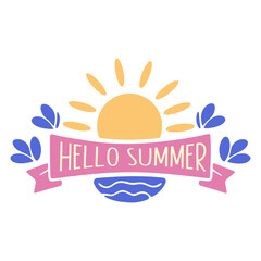 Obraz premium A colorful vector graphic illustration of a hello summer icon with a sun and leaves