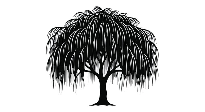 A black silhouette of a weeping willow tree on a with long drooping branches
