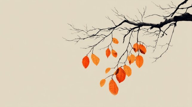 Minimalist Illustration of a Bare Branch with Few Bright Orange Leaves