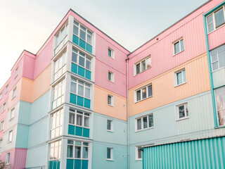 A colorful building with many windows and balconies