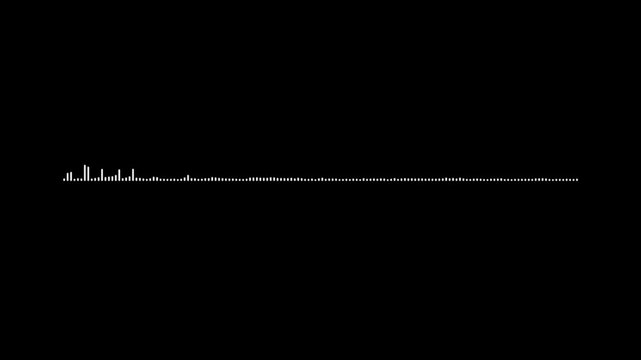 White pixel audio signal, sound frequency spectrum, black screen 4k video, music visualizer animation, digital voice equalizer, rhythmic beat motion, abstract sound recording art.
