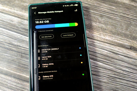 Cairo, Egypt, February 24 2026: the mobile hotspot management screen on a smartphone, showing data usage and connected devices, mobile hotspot is a feature on a smartphone that shares cellular data