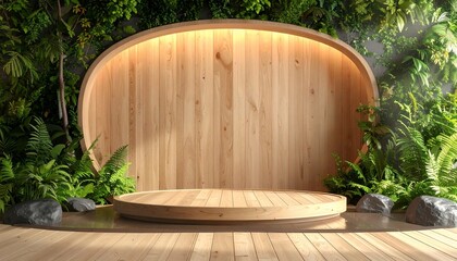 Naklejka premium Wooden stage with plants and stones, perfect for product display and nature-themed presentations.