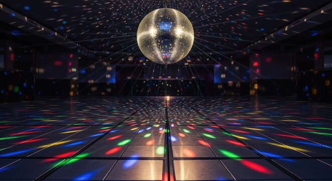 Reflecting disco ball illuminates an empty dance floor with colorful light patterns