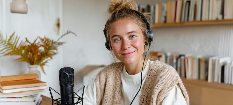 Woman recording music at home.