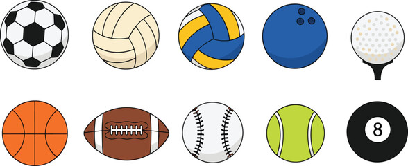 Obraz premium Sports balls icons collection, soccer basketball baseball tennis volleyball bowling billiard and more, athletic game equipment vector illustration isolated