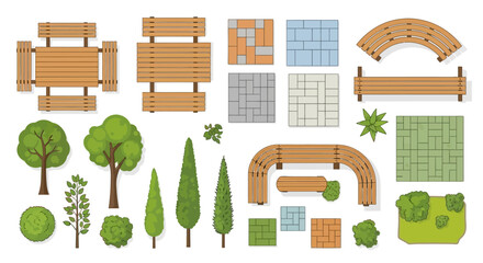 Top down view of park elements including benches trees and paving stones © Sumon