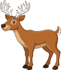 Obraz premium Cute cartoon deer standing in profile illustration, happy wild animal character with large antlers isolated on a white background design.