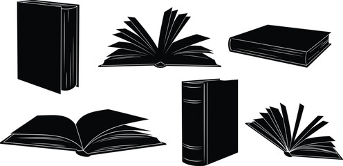 Book silhouettes in varied orientations, open and closed, upright and flat, minimalist black design, literature, education, reading, knowledge, study, learning, library, academic, publishing © Habiba
