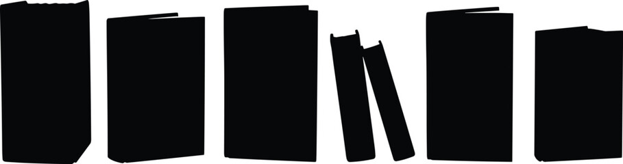 Book silhouettes with pen, upright and flat, open and closed, minimalist black design, literature, education, reading, writing, knowledge, study, learning, library, academic, publishing © Habiba