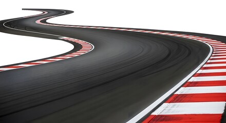 Naklejka premium Empty asphalt race track with red and white striped curbs curving sharply