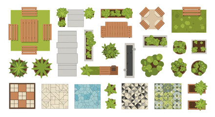 Top down view of a landscaped outdoor area with various elements © Sumon
