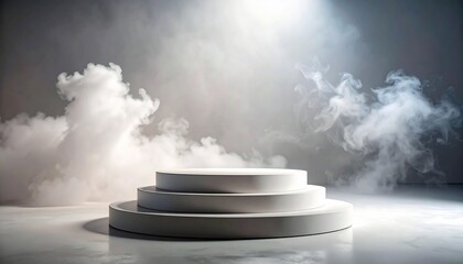 Elegant Three-Tiered Platform Surrounded by Atmospheric Smoke and Light.