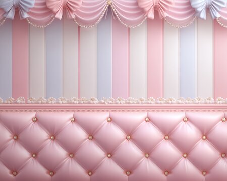 Fondo elegante de pared capiton&eacute; rosa con cortinas drapeadas y rayas pastel, decoraci&oacute;n femenina.