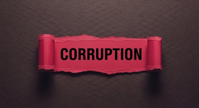 Torn red paper reveals "CORRUPTION" word on dark textured surface