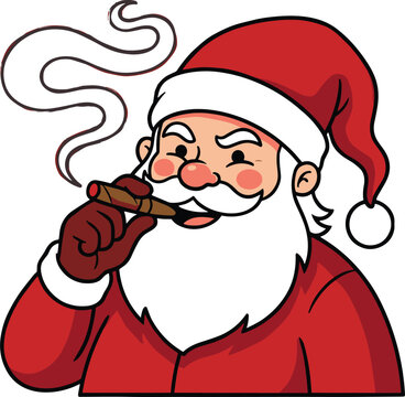 Santa Claus Smoking a Cigar Illustration, Stylized Cartoon Character Vector Design for Christmas Holiday Season Graphics and Creative Branding Projects
