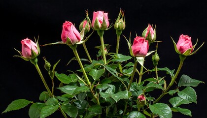 Obraz premium Close-up of several pink rose blossoms and buds against a dark, contrasting background, capturing their beauty