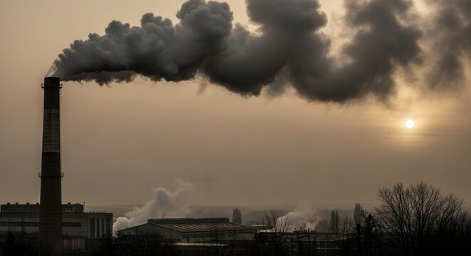Chimenea industrial emite humo denso oscuro contra un cielo brumoso y un sol velado al atardecer.