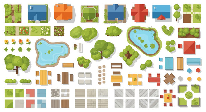 Aerial view of various landscape elements and building rooftops