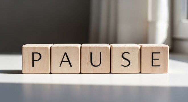 Wooden blocks spell out "PAUSE" in bright, minimalist lighting