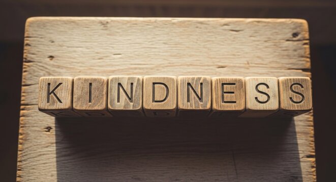 Wooden blocks spell out "Kindness" on a rustic surface