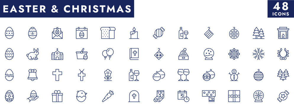 Christmas and Easter vector icon set. Minimalist line icons for holiday celebration, snowflakes, tree, eggs, religion, and seasonal design. Editable outline symbols for web, UI, and print projects