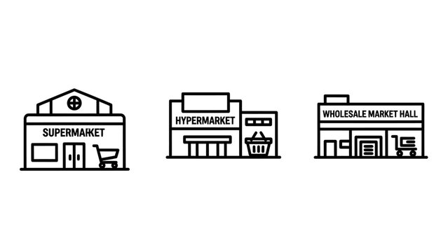 Retail store icons: supermarket, hypermarket, and wholesale market hall. Line art for shopping and commerce.