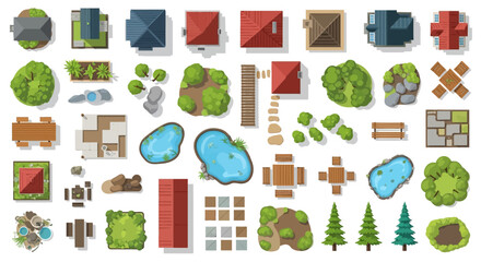 Assorted top down views of buildings trees and landscape elements © Proma