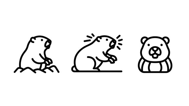Groundhog icon set: cute animal emerging from ground, surprised expression, and detailed face