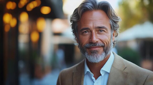 Refined Urban Portrait: An elegant, silver-haired gentleman exudes confidence and sophistication in a sun-drenched city setting, radiating timeless charm and distinguished presence.