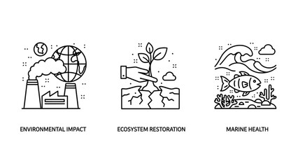 Fototapeta premium Icons depicting environmental impact from factory smoke, ecosystem restoration with hand planting a seedling, and marine health with fish and coral reef.