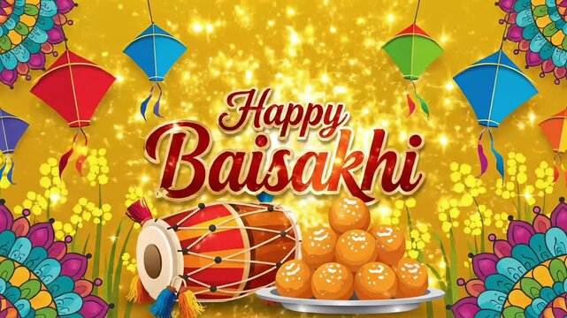 Baisakhi punjab harvest festival celebration with traditional dhol drum sweets laddoo colorful kite decoration and festive golden background animated motion video footage