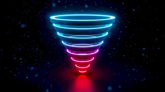 Glowing neon funnel made of horizontal blue and red light lines converges downward in dark space with particles