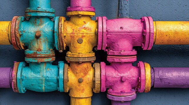 A vibrant plumbing network of colorful pipes arranged in an abstract artistic design