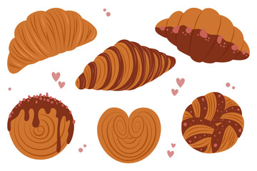 Cute bakery pastry set with croissants, chocolate buns and heart shaped sweet rolls, bakery desserts, pastries, perfect for cafe menu, stickers, postcards and more, vector illustration