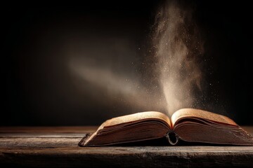 On a wooden table, an open book flips its pages while mysterious smoke lingers