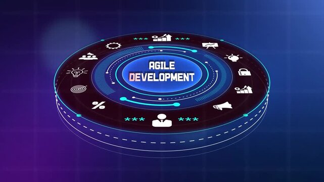 Agile development methodology visualization featuring a digital circular interface with glowing workflow icons