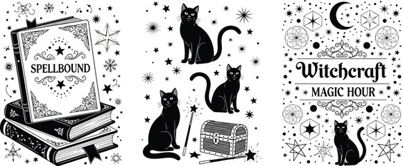 Witchcraft magic illustration set with black cats spellbook wand and stars, mystical witch elements collection, occult symbols and magic hour typography vector design © Itz Nur