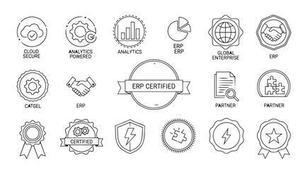 Fototapeta premium ERP Certified Icons Set in Minimalist Line Art Style with Simple Black and White Color Scheme on Clean White Background for Business Infographics