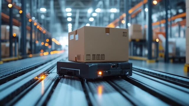Automated Logistics in Modern Warehouse: An autonomous guided vehicle, carrying a cardboard box, navigates a network of conveyor belts within a modern, technologically advanced warehouse setting.