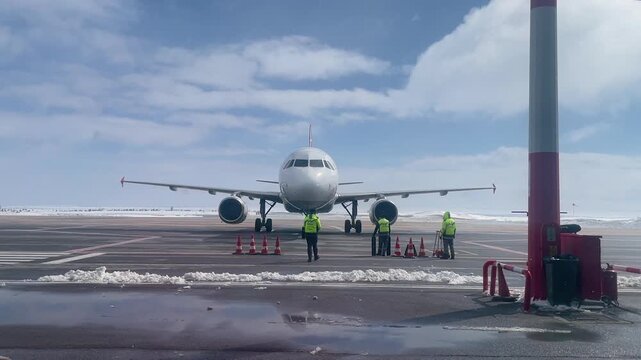 Airport Ground Staff Directing Airplane On Tarmac In Turkey