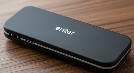 Black portable power bank with enter text on wooden surface